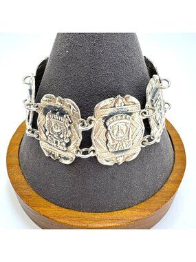 Aztec Native Design Link Chunky Bracelet Sterling Silver 7.25"